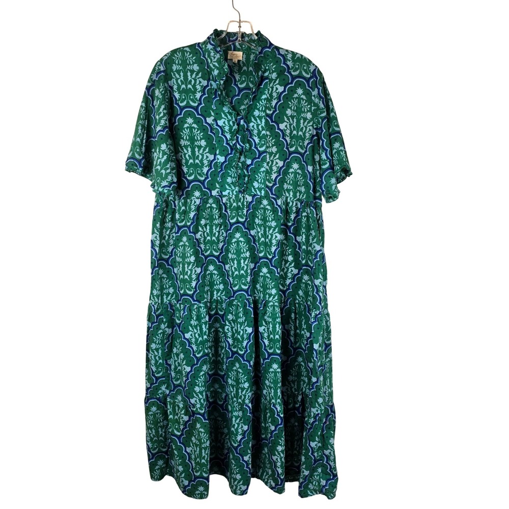 Layerz Clothing Green Damask Tiered Maxi Dress Boho Ruffle V-Neck‎ Size M